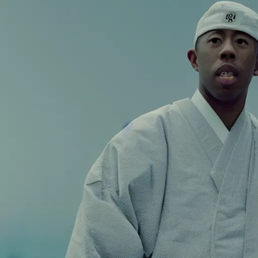 Prompt: cinematic film still of rapper Tyler The Creator starring as a Japanese Sensei with fire, Japanese CGI, VFX, 2003, 40mm lens, shallow depth of field, film photography