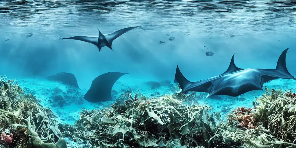 Image similar to hyperrealistic underwater photography, panoramic picture of an ocean floor with in the distance one single manta ray. focus on the manta ray. the manta ray is anatomically correct and highly detailed. the eyes are intricately detailed. there are lots of bubbles. seaweed and some rocks. gloomy scattered light entering from the water surface, trending on artstation, hq, 4 k