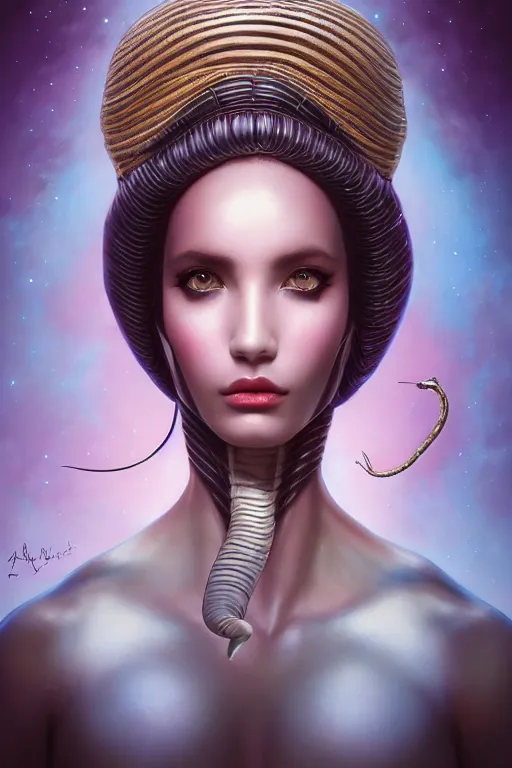 Prompt: portrait of an elegant alien queen with snake hair, straight on portrait, by artgerm, tom bagshaw, gerald brom, vaporwave colors, lo fi colors, vaporwave, lo fi, 2 point studio lighting, dramatic lighting, 4 k, hd,