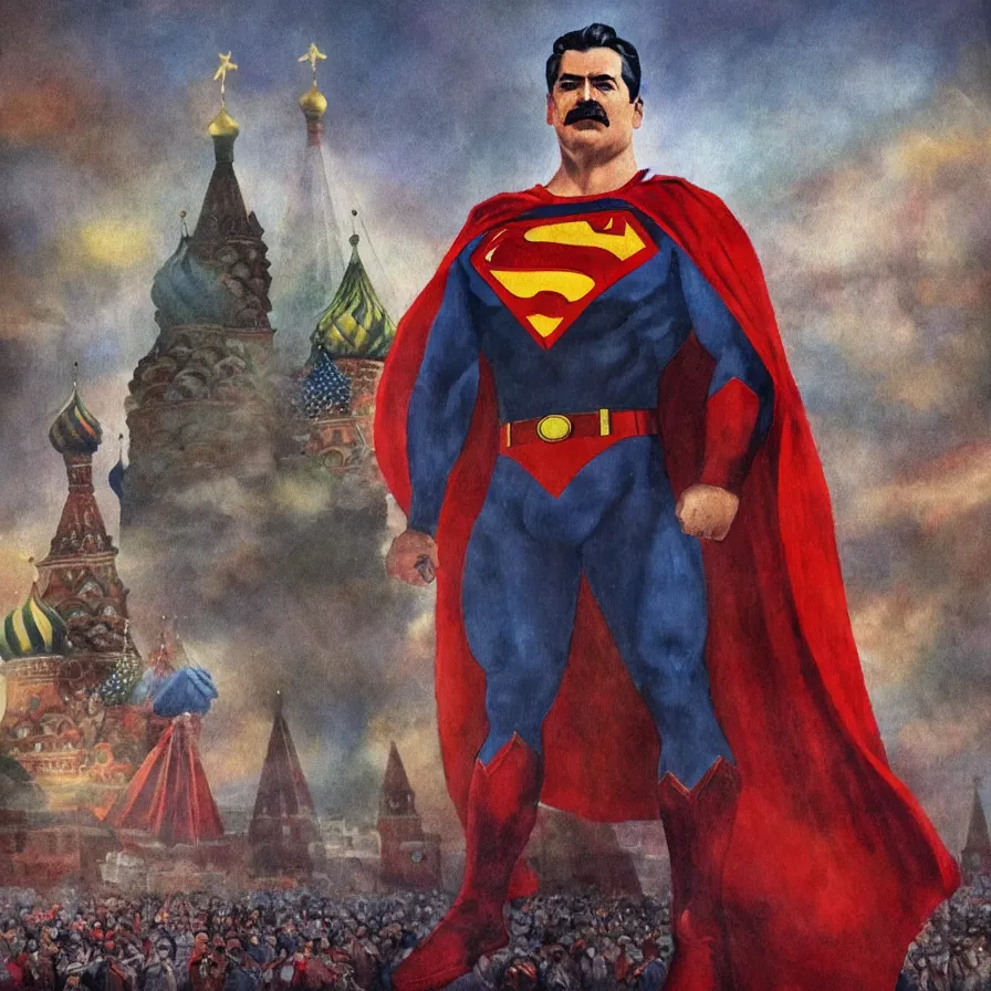 Prompt: stalin as superman red son standing triumphantly in the red square ( moscow ), socialist realism, oil painting masterpiece, photorealistic, detailed picture, intricate digital art, trending artstation, rich moody colors, fan art, concept art, artgem, 8 k ultra high definition