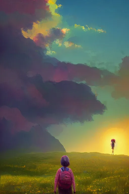 Image similar to giant daisy flower head, girl hiking in the mountains, surreal photography, sunrise, dramatic light, impressionist painting, colorful clouds, digital painting, artstation, simon stalenhag