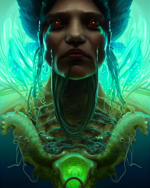 Image similar to portrait of a creepy bioluminescent monster, highly detailed, digital painting, cinematic, hyperrealism, dark retrowave, art by stanley lau and artgerm and magali villeneuve and alphonse mucha and josan gonzalez, artstation hd, octane render, cgsociety