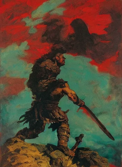 Image similar to portrait of barbarian on mountain, coherent! by mariusz lewandowski, by frank frazetta, deep color, strong line, red green black teal, minimalismhigh contrast