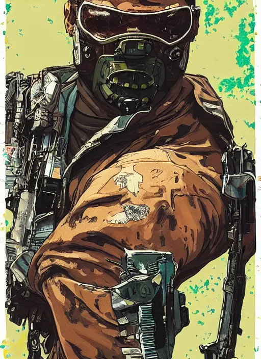 Image similar to chidi igwe. cyberpunk mercenary in military stealth suit. portrait illustration, pop art, splash painting, art by geof darrow, ashley wood, alphonse mucha, makoto shinkai