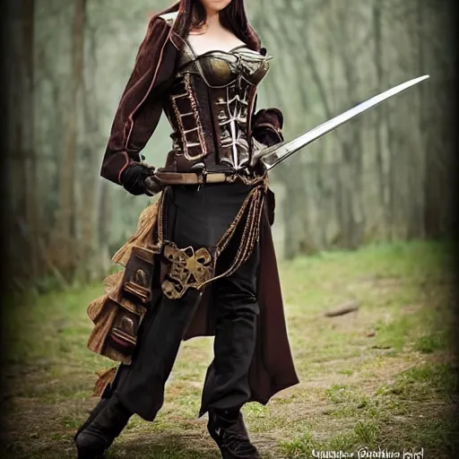 Prompt: photo of a female steampunk warrior