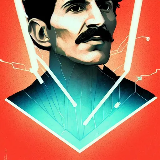 Prompt: majestic genius inventor nikola tesla profile picture by sachin teng, masterpiece, organic painting, matte painting, technical geometrical drawing shapes, lightning electricity coil, hard edges, graffiti, street art by sachin teng