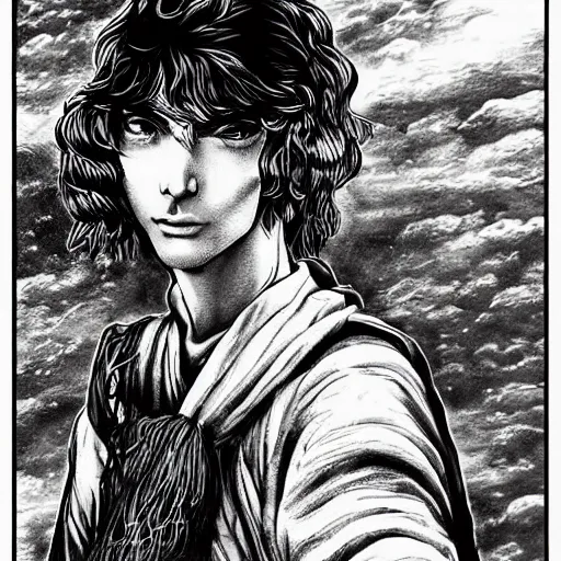 Prompt: pen and ink!!!! attractive 22 year old monochrome!!!! George Harrison highly detailed manga Vagabond!!!! telepathic floating magic swordsman!!!! glides through a beautiful!!!!!!! battlefield magic the gathering dramatic esoteric!!!!!! pen and ink!!!!! illustrated in high detail!!!!!!!! graphic novel!!!!!!!!! by Rembrandt and Hiroya Oku!!!!!!!!! MTG!!! award winning!!!! full closeup portrait!!!!! action manga panel