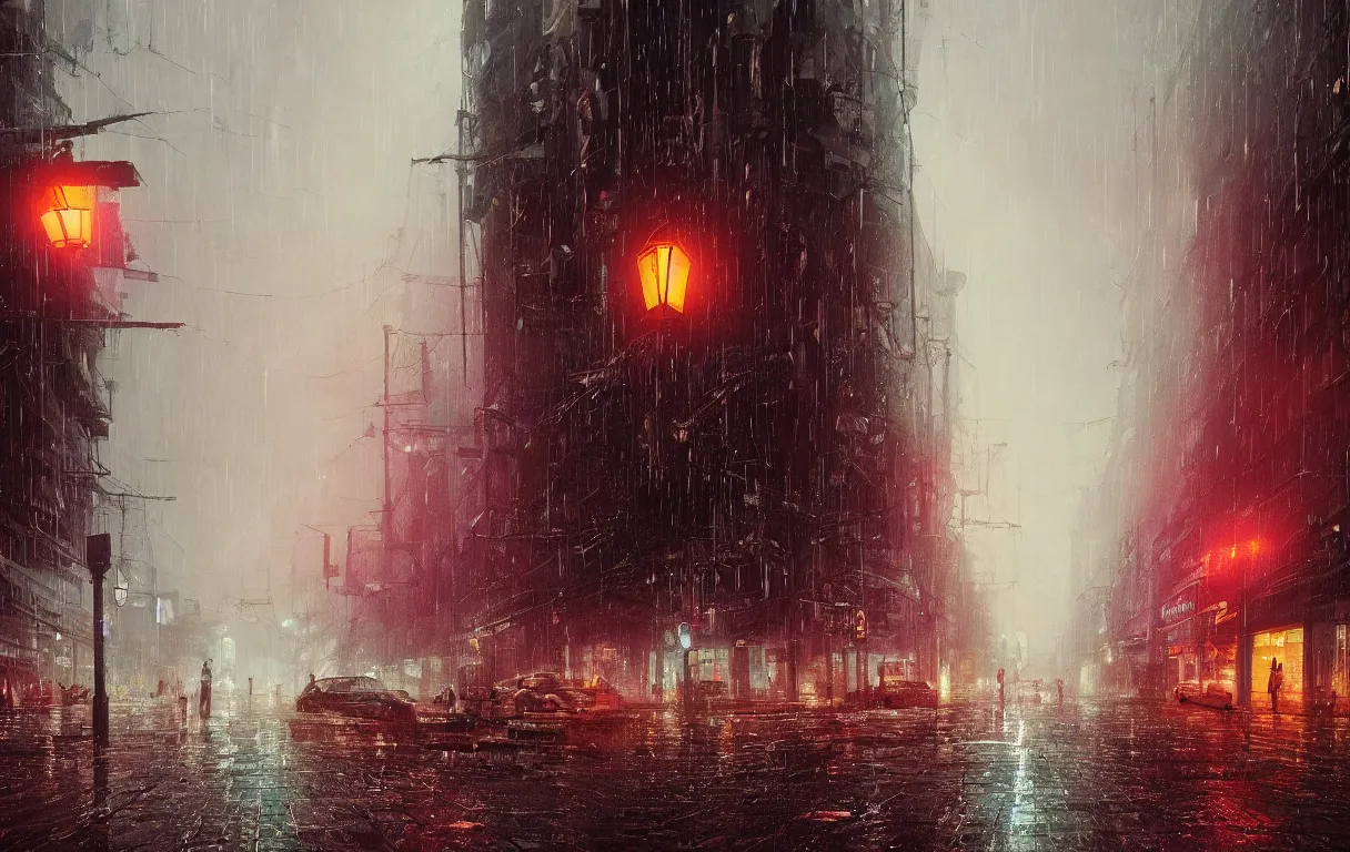 Image similar to A digital painting of a close-up view of a raining cyberpunk street, some street lights and padestrians, by Ismail Inceoglu and Caspar David Friedrich, stunning, photorealistic, highly-detailed, 4k, ue5, light effect, rtx on, realistic, cinematic, IMAX quality, trending on artstation