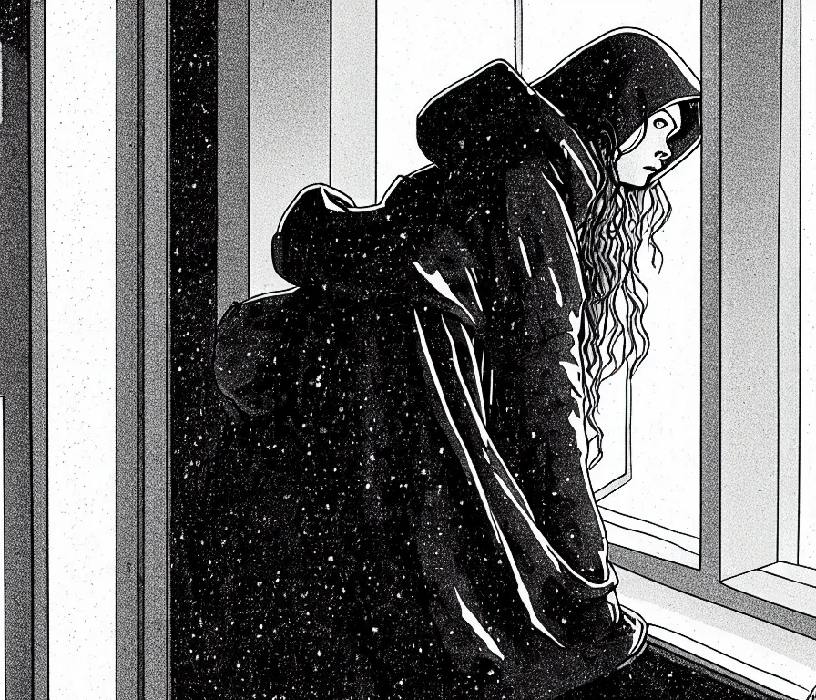 Image similar to sadie sink in hoodie sits on windowsill, knees tucked in | rain falls at night : storyboard, scifi cyberpunk. by joe alves. cinematic atmosphere, detailed and intricate, perfect anatomy