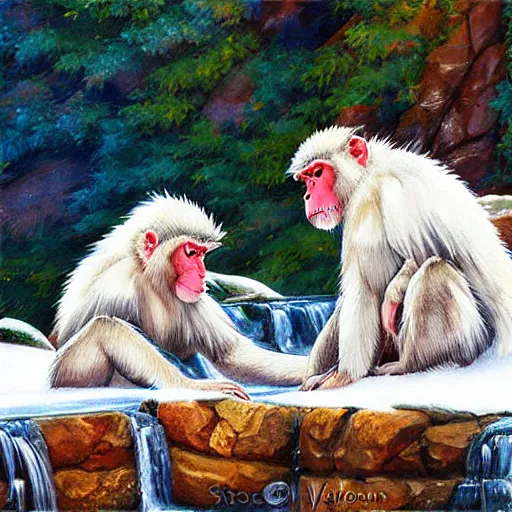 Image similar to snow monkeys at the mountain spa, digital art by Steve Henderson