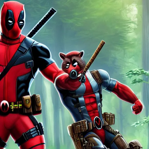 Image similar to deadpool and rocket raccoon in the woods digital art 4 k detailed