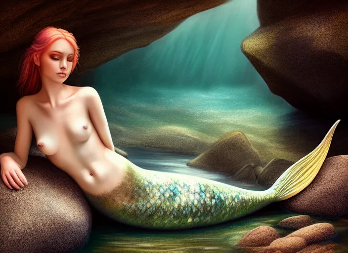 Image similar to soft painting portrait of a mermaid in a shirt sitting on a rock in a river in an underground cave. fantasy magic style. highly detailed 8 k. intricate. lifelike. soft light. cinematic post - processing