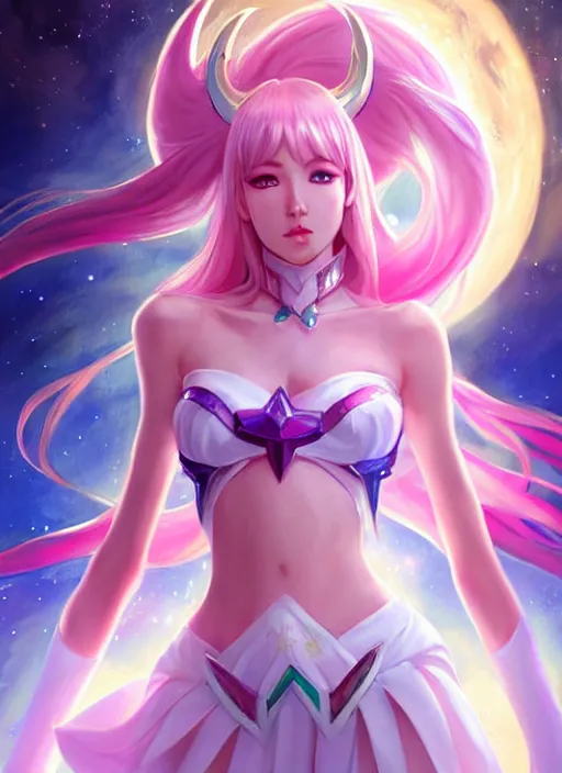 Prompt: full body portrait of a magical star guardian. detailed face, concept art, intricate, highly detailed 8 k, smooth, sharp focus, beautiful and aesthetic shape of face and body, artgerm, artstation, art by zexi guo and nira and junpei suzuki and gharliera and rinotuna