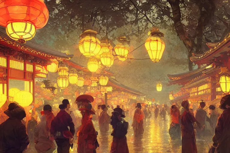 Prompt: a beautiful realistic painting of the lantern festival in old kyoto, neon colors, intricate, elegant, highly detailed, digital painting, artstation, concept art, by krenz cushart and artem demura and alphonse mucha