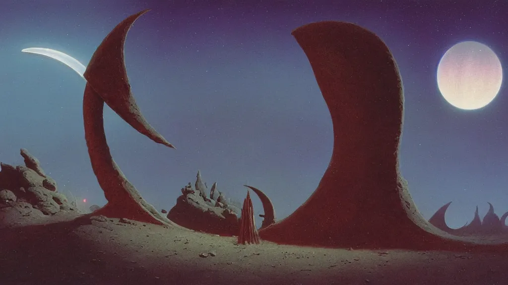 Image similar to mysterious whimsical sculpture of an alien crescent moon by paul lehr and john schoenherr and john harris, cinematic matte painting