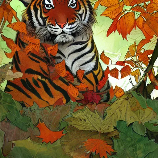 Prompt: a highly detailed portrait of cartoon tiger, sweating, flapping a leaf fan, autumn leaves on the ground, concise lines, ultradetailed environment, sharp focus, cinematic lighting, character art, 8 k, by alphonse maria mucha and kim jung gi