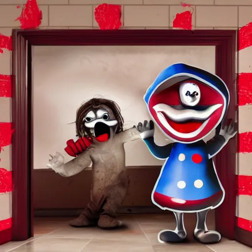 Image similar to horror creepypasta chuck E cheese breaking into room, hyperrealistic blood and eyes