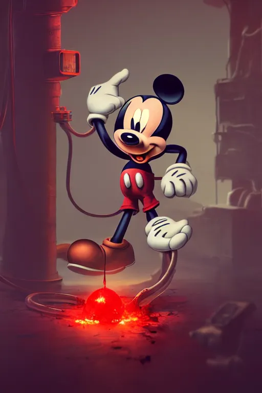 Image similar to mechanics working and repairing mickey mouse bloody head, made by beeple, greg rutkowski, unreal engine, octane render, highly detailed 4 k art, smooth, sharp focus, cinematic lighting, volumetric lighting, artstation,