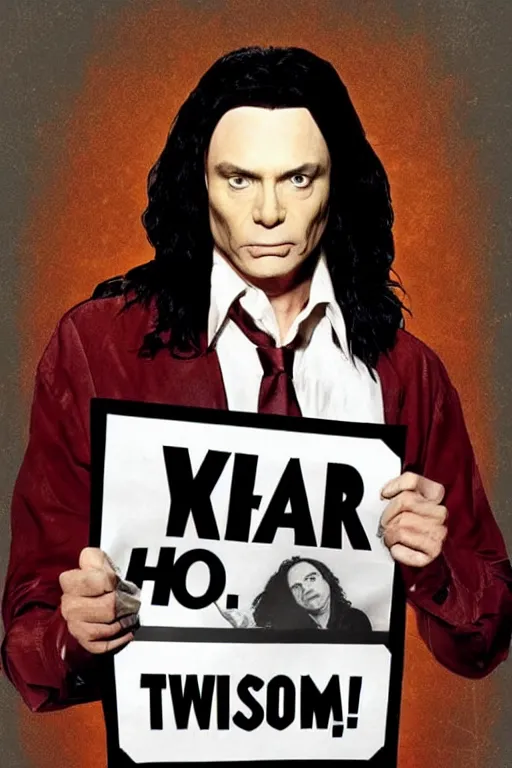 Prompt: a poster depicting tommy wiseau from the room ( 2 0 0 3 ) with the words'oh hi mark'written on it, perfect kerning