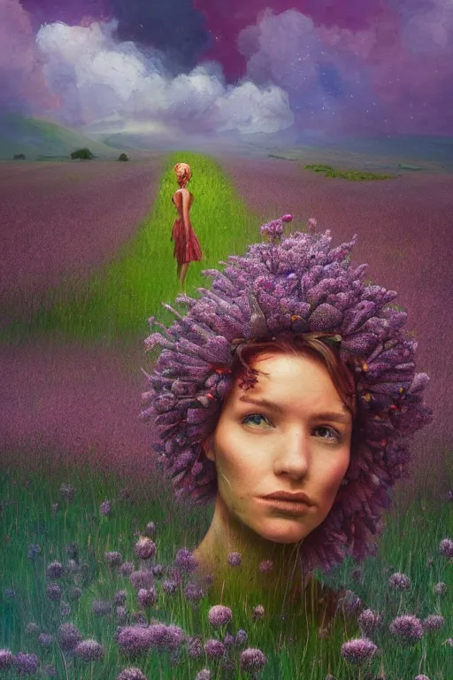 Prompt: closeup, giant flower head mohawk, woman in heather field, surreal photography, starlight, storm clouds, impressionist painting, digital painting, artstation, simon stalenhag