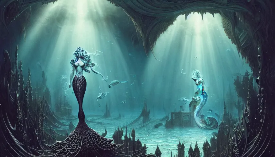 Image similar to a graceful beautiful mermaid looking at the sunken city of Atlantis deep under water, stunning undersea intricate detailed grand architecture in the style of Joe Fenton, art style by Greg Rutkowski and Mohrbacher, deep underwater scene, dark and moody, rays of sunlight, faint volumetric god rays, grim crushing atmosphere, trending on artstation, masterpiece, claustrophobic, 8k octane beautifully detailed render, post-processing, extremely hyperdetailed, intricate, epic composition, grim yet sparkling atmosphere, cinematic lighting + masterpiece, trending on artstation, very detailed