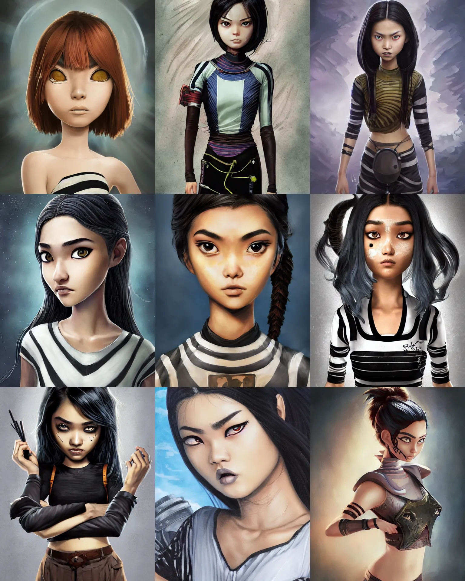 Prompt: an epic fantasy comic book style portrait painting of a young malaysian woman, expressive, dark piercing eyes, tomboy, flat face, pouting, tan skin, beautiful futuristic hair style, tank top with black and white stripes, long sleeves, bare midriff, awesome pose, character design by mark ryden and pixar and hayao miyazaki, unreal 5