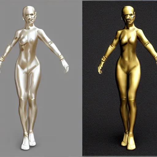 Image similar to a woman with golden skin, in the style of vitaly bulgarov, nanogirl!! nanogirl v 2!! zbrushcentral