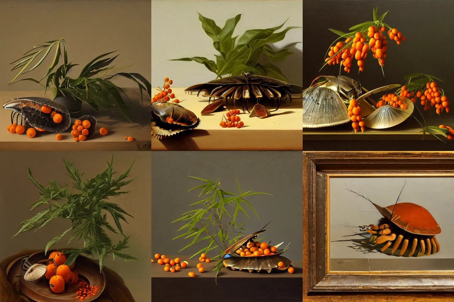 Prompt: hyperrealistic still life painting of a horseshoe crab and sea buckthorn plants by Jacob van Hulsdonck, chiaroscuro