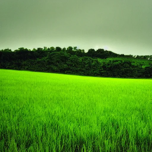 Prompt: a lush green field on a rainy day
