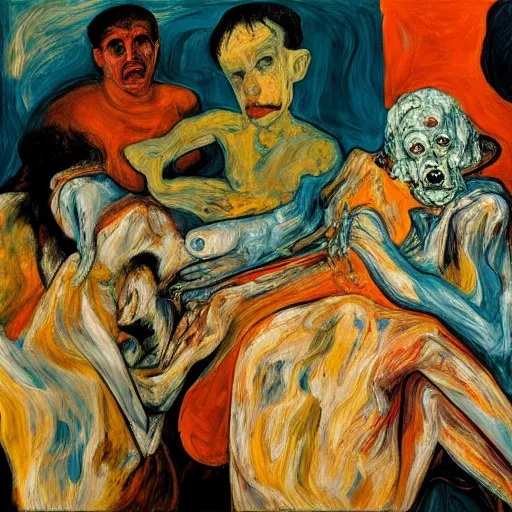 Image similar to high quality high detail expressionist painting of a man in agony by lucian freud and jenny saville and francis bacon and francisco goya and egon schiele and edvard munch and, hd, anxiety, seated at table crying and screaming, turquoise and orange