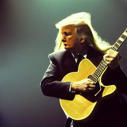 Image similar to donald trump at a concert playing guitar, long hair, heavy metal, black and white, kodak portra 4 0 0 color negative film