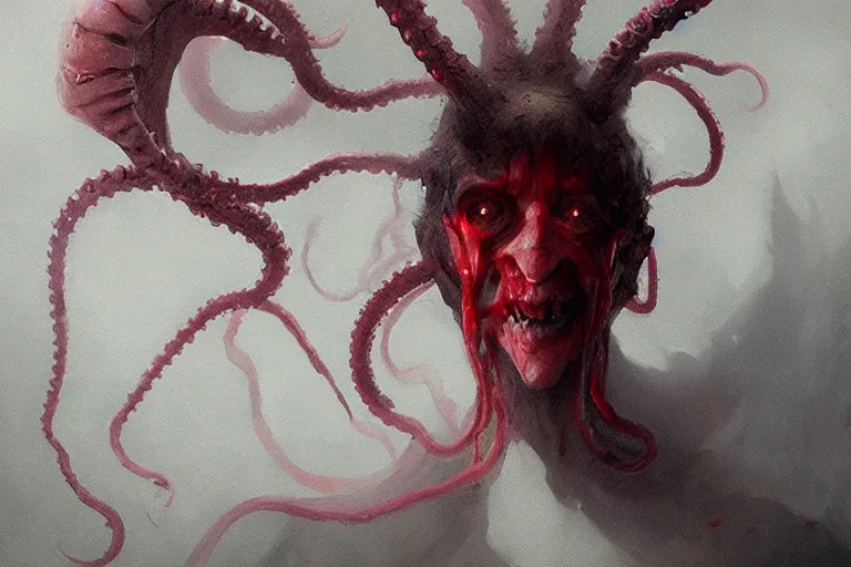 Prompt: painting by greg rutkowski of a floating human head and face that is chalk white in color, with tentacles coming downwards of the neck, red eyes, flying in a terrying hell like cavernous place