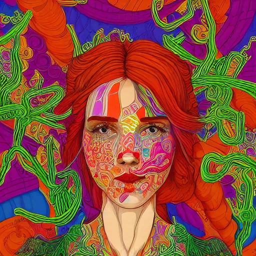 Image similar to the portrait of a beautiful young woman partially made up of bell peppers of all colors, an ultrafine detailed illustration by james jean, intricate linework, bright colors, final fantasy, behance contest winner, vanitas, angular, altermodern, unreal engine 5 highly rendered, global illumination, radiant light, detailed and intricate environment