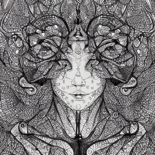 Prompt: Geometrically surreal Artificially Intelligent beings, extremely high detail, photorealistic, intricate line drawings, dotart, album art in the style of James Jean