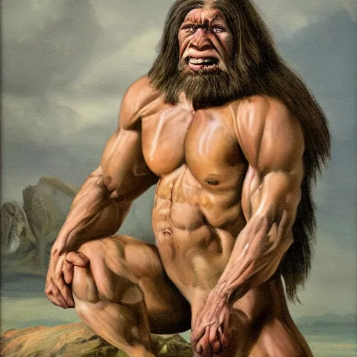 Image similar to a realistic muscular neanderthal man posing for a photoshoot painting