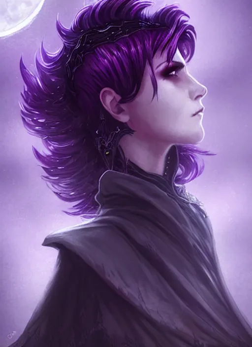 Image similar to moon in the background, side portrait dark witch!!!!!!!!!!, adventurer outfit large cloak, fantasy forest landscape, dragon scales, fantasy magic, undercut hairstyle, short purple black fade hair, dark light night, intricate, elegant, sharp focus, illustration, highly detailed, digital painting, concept art, matte, art by WLOP and Artgerm and Greg Rutkowski and Alphonse Mucha, masterpiece