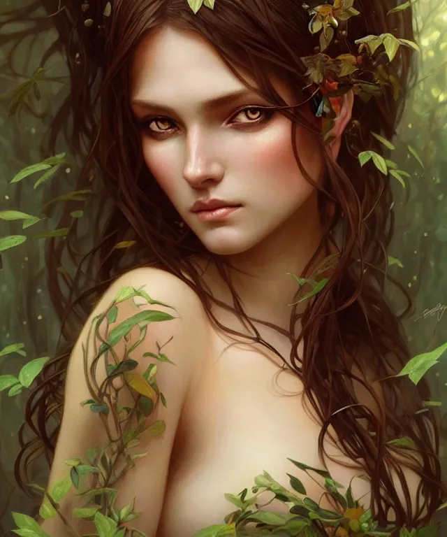 Image similar to Forest nymph woman portrait, amber eyes, face, long hair, fantasy, intricate, elegant, highly detailed, digital painting, artstation, concept art, smooth, sharp focus, illustration, art by artgerm and greg rutkowski and alphonse mucha