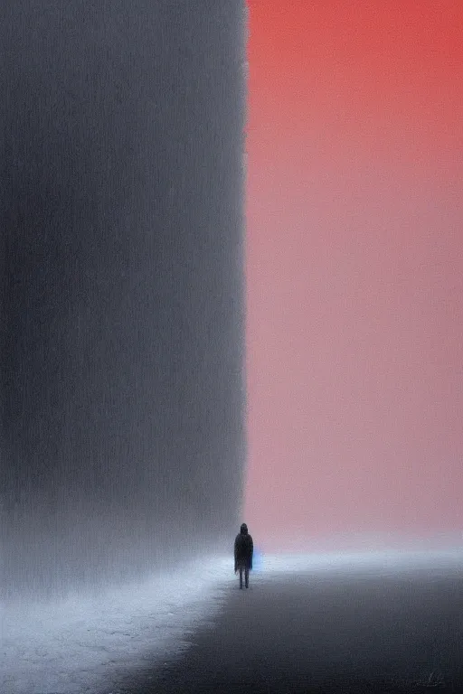 Image similar to a painting of a person standing in the snow, blizzard, a surrealist painting by zdzisław beksinski and by alena aenami, deviantart, nuclear art, dystopian art, apocalypse landscape, red color scheme, surrealist
