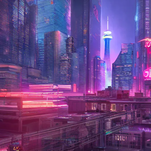 Image similar to Neon cyberpunk cityscape of Toronto Canada including CN tower with flying cars and advertisement screens, Blender 3D, Unreal Engine, 8k, by Jordan Grimmer and Andrea Pozzo