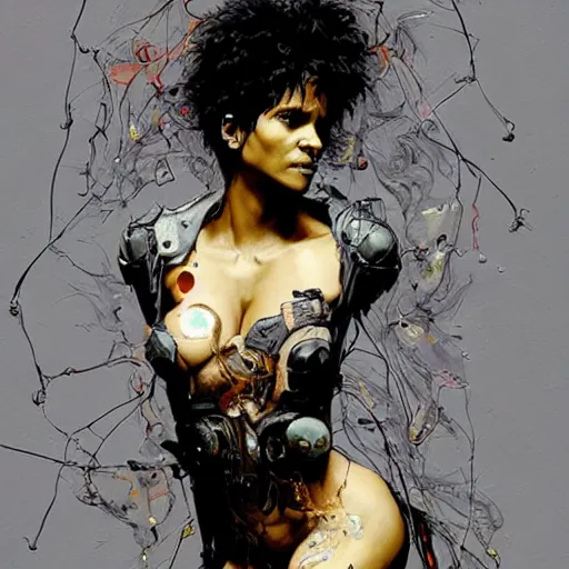 Image similar to halle berry as a cyberpunk noir detective, skulls, wires cybernetic implants, machine noir grimcore, in the style of adrian ghenie esao andrews jenny saville surrealism dark art by james jean takato yamamoto and by ashley wood and mike mignola