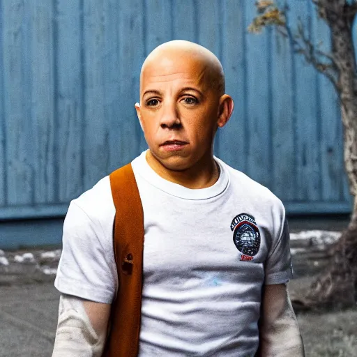 Image similar to Vin Diesel as Eleven from Stranger Things, realistic, cinematic, high detail