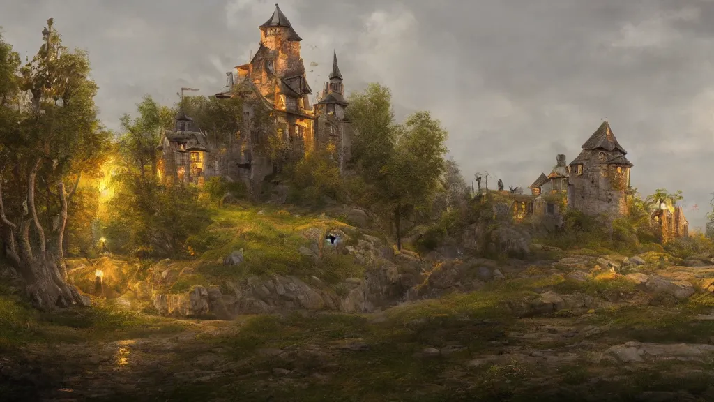 Image similar to newly built castle sitting by the seaside with rolling hills and a small village by eugene von guerard, ivan shishkin, dramatic lighting, concept art, trending on artstation, 8 k