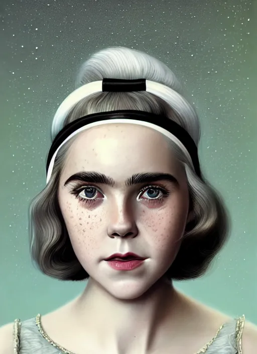 Image similar to portrait of kiernan shipka with freckles, white hair, 1 9 6 0 s bob hairstyle, hairstyle with bangs, 1 9 6 0 s bob hair with bangs and hairband, intricate, elegant, glowing lights, highly detailed, digital painting, artstation, concept art, smooth, sharp focus, illustration, art by wlop, mars ravelo and greg rutkowski