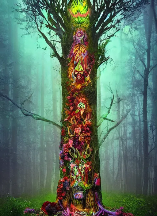 Image similar to a psychedelic surreal horror totem made of trees and multicolor flowers, magic creatures in the forest of chaotic spirit, fulcolor octane remder, cinematic, ultrarealistic