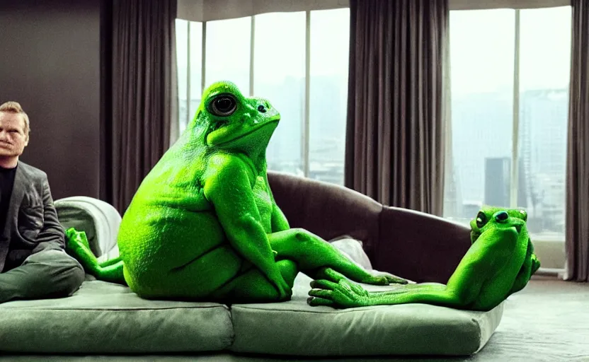 Prompt: a giant green toad sitting with mike tyson in a large clean hotel room, on a couch, movie directed by martin scorsese and christopher nolan, masterpiece, 8 h