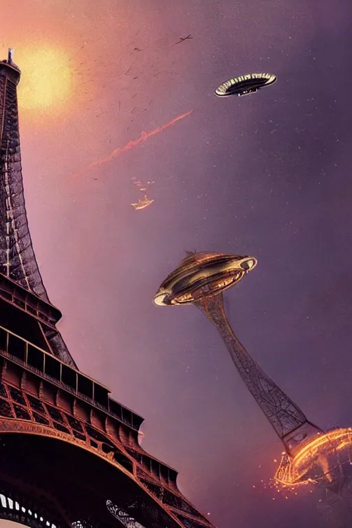Prompt: the Eiffel Tower being visited by a large UFO, an epic painting, glinting metal, volumetric lighting, intricate, elegant, highly detailed, digital painting, artstation, concept art, smooth, sharp focus, art by Maciej Kuciara