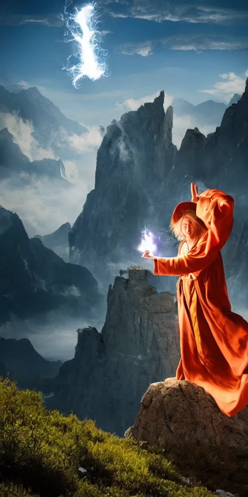 Image similar to a wizard casting lighting spells with a billowing robe in the mountains, epic, majestic, powerful