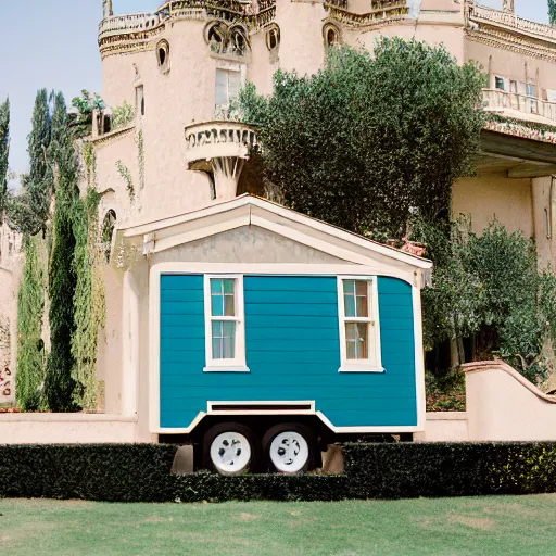 Prompt: Hearst Castle as a tiny home. Photographed with Leica Summilux-M 24 mm lens, ISO 100, f/8, Portra 400