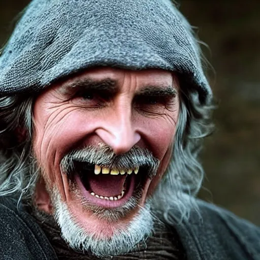 Prompt: christian bale as an old druid wizard, bald, bushy grey eyebrows, long grey hair, disheveled, wise old man, wearing a grey wizard hat, wearing a purple detailed coat, a bushy grey beard, sorcerer, he is a mad old man, laughing and yelling