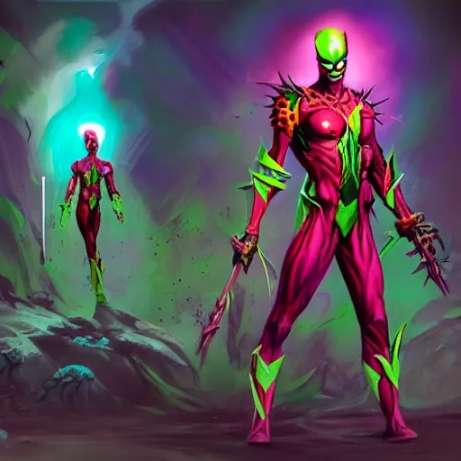 Prompt: Bright, colorful, realistic super hero individual warhammer 40 Dark eldar full body backlighting, kodachrome, high contrast, highly detailed, sharp focus, digital painting, concept art, illustration, trending on artstation, comic book by Alex Ross cover art